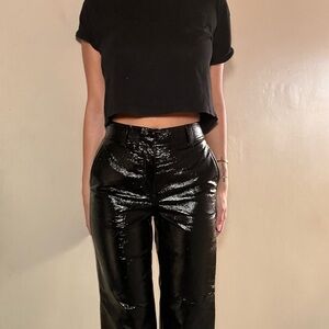 Black Shiny Cropped Top and Pants Set